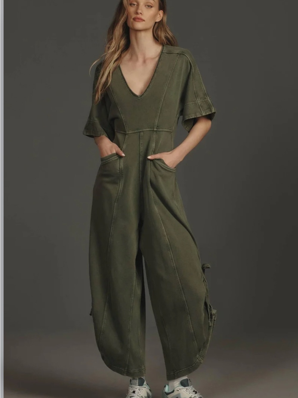 Relaxed Olive Wide-Leg Jumpsuit with Pockets HTF